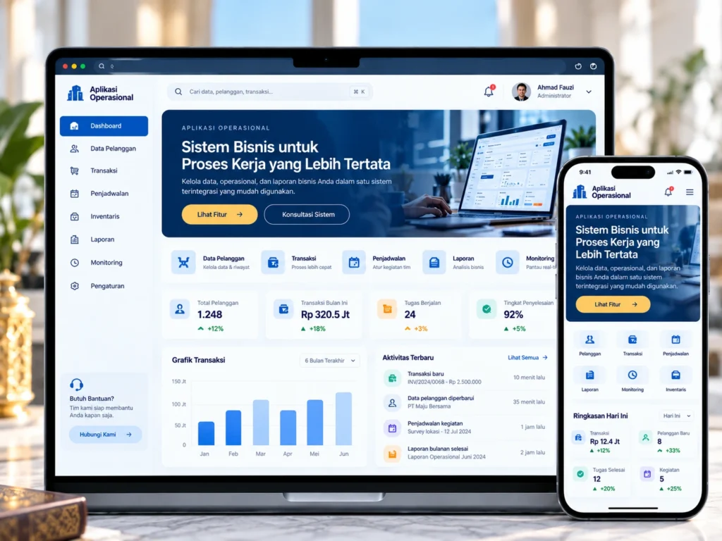 dashboard aplikasi operasional bisnis pada laptop dan ponsel dengan fitur pelanggan, transaksi, laporan, dan grafik aktivitas.