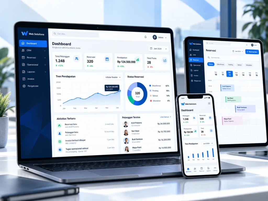 aplikasi web dan sistem informasi bisnis Web Solutions pada laptop, tablet, dan ponsel dengan fitur dashboard, CRM, reservasi, dan laporan operasional.