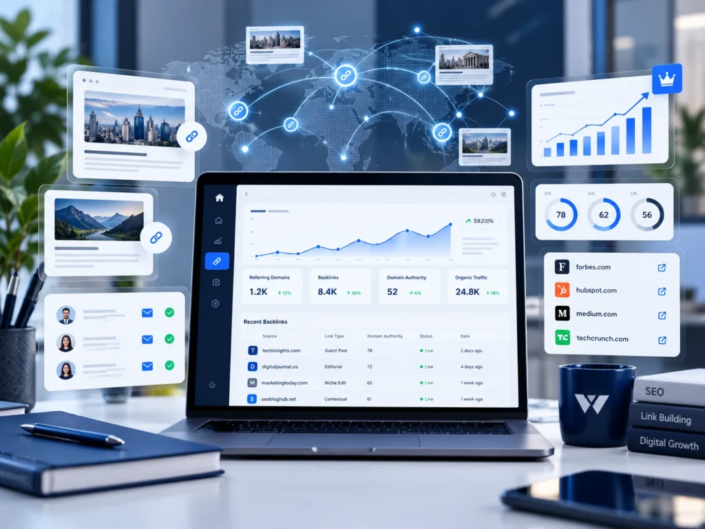 dashboard SEO Off-Page Web Solutions pada laptop dengan visualisasi jaringan backlink, guest post, referring domain, dan analisis tautan website.