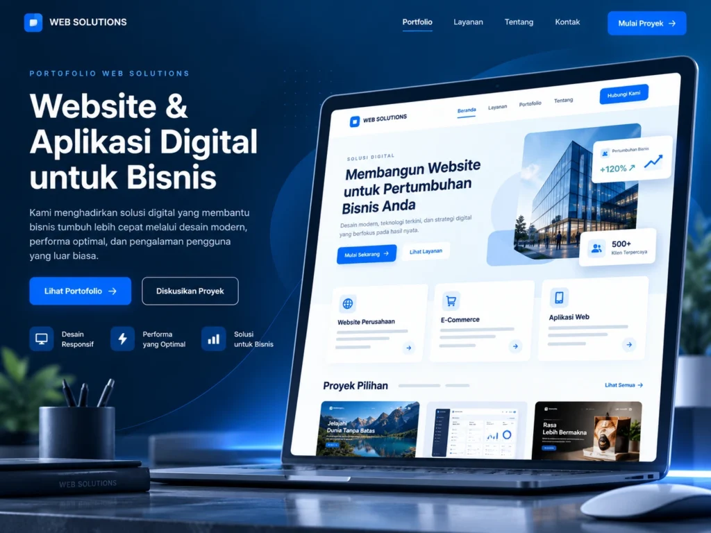 website profesional Web Solutions pada laptop dengan tampilan layanan digital, desain website bisnis, dan contoh aplikasi.