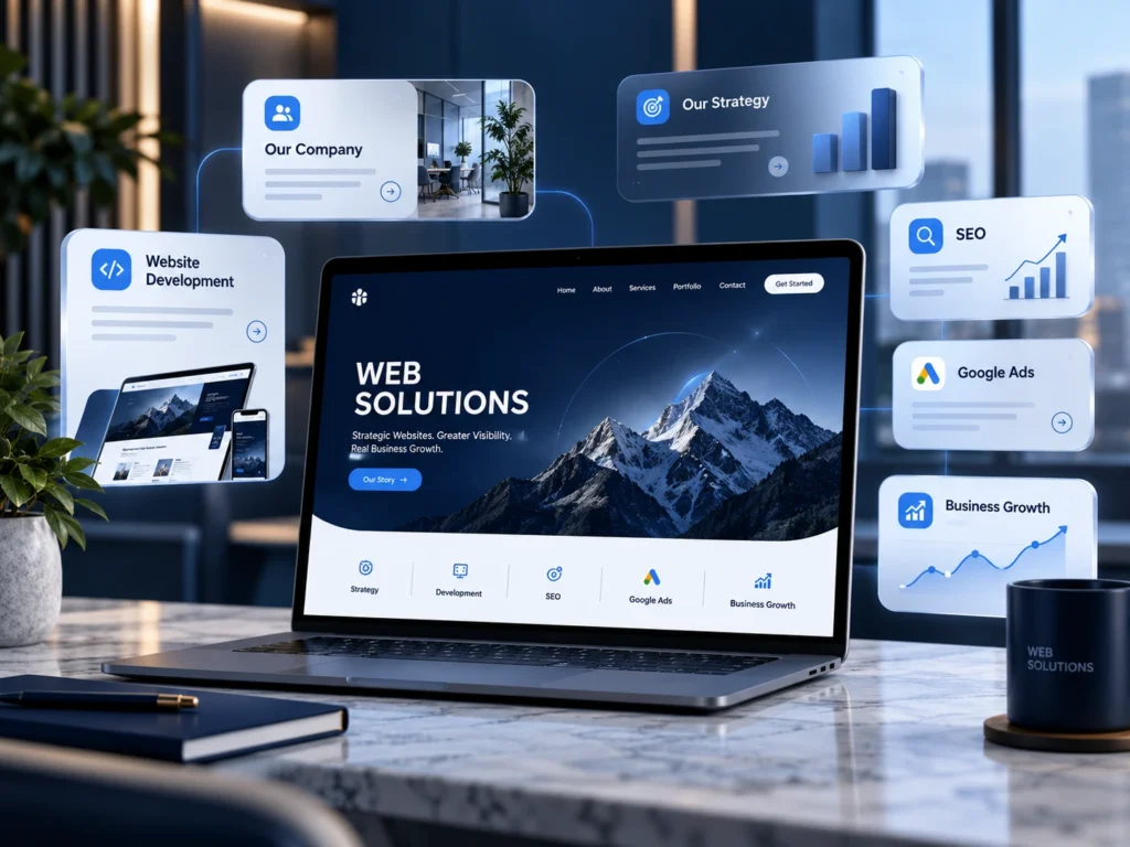 Tentang Web Solutions dengan tampilan website di laptop, elemen strategi digital, SEO, Google Ads, dan pengembangan website dalam nuansa biru modern.