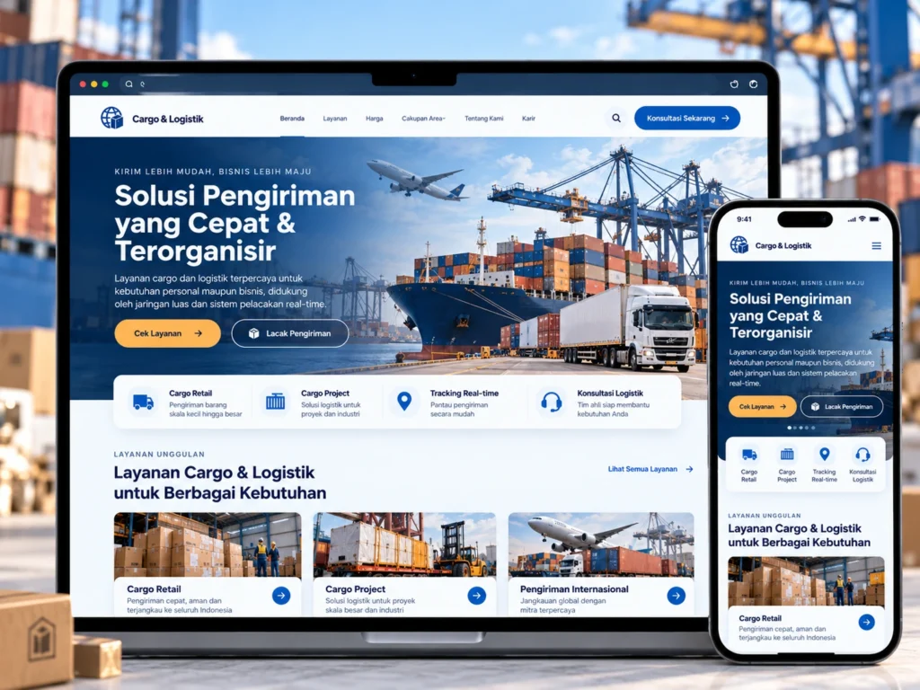 website cargo dan logistik pada laptop dan ponsel dengan informasi pengiriman barang, layanan logistik, dan pelacakan.