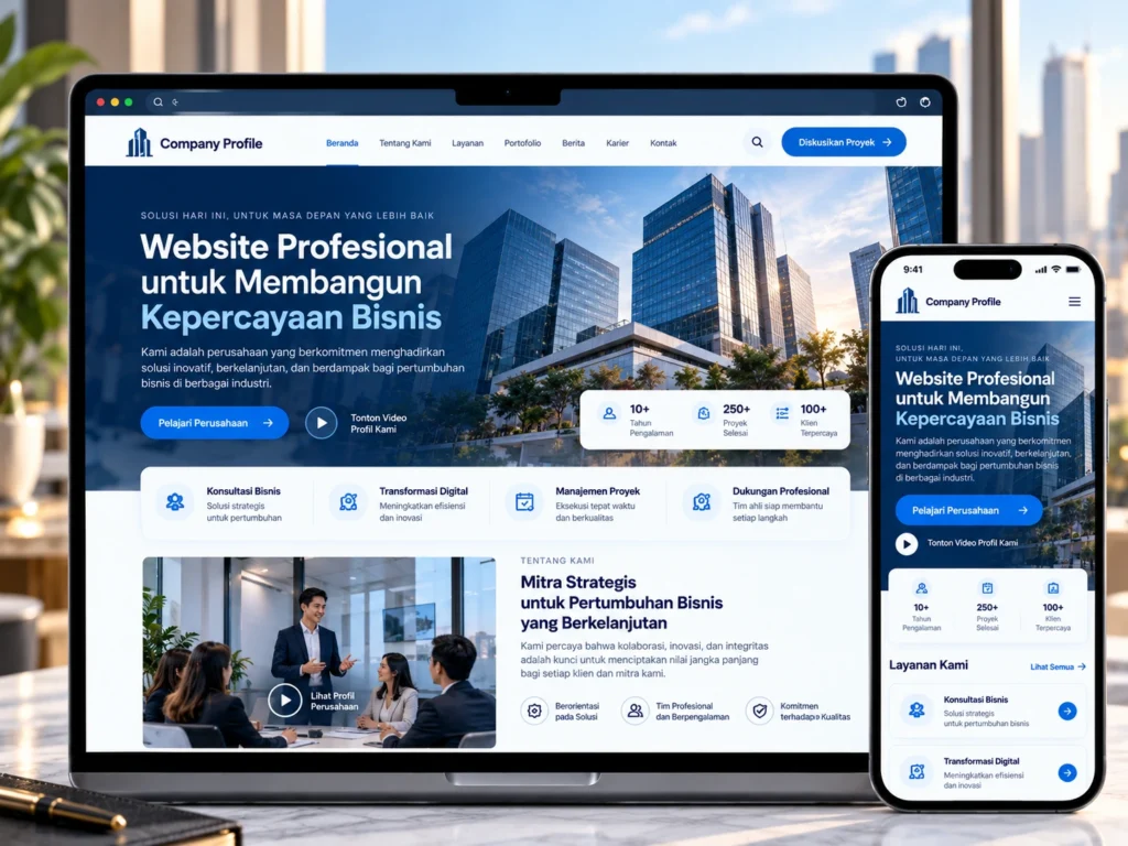 website company profile pada laptop dan ponsel dengan desain korporat, informasi perusahaan, dan layanan bisnis.