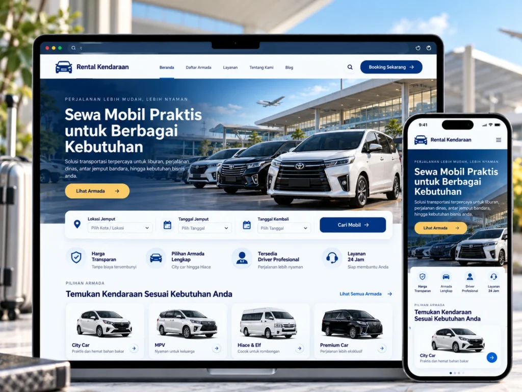 website rental mobil pada laptop dan ponsel dengan katalog kendaraan, formulir pencarian, dan fitur reservasi.