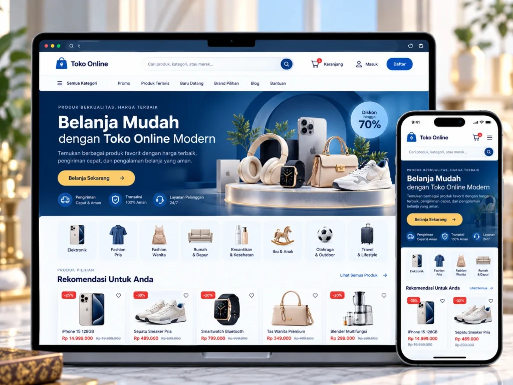 website toko online pada laptop dan ponsel dengan katalog produk, kategori belanja, harga, dan keranjang pembelian.