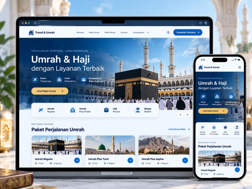 website travel dan umrah pada laptop dan ponsel dengan tampilan paket perjalanan, informasi haji, dan konsultasi.